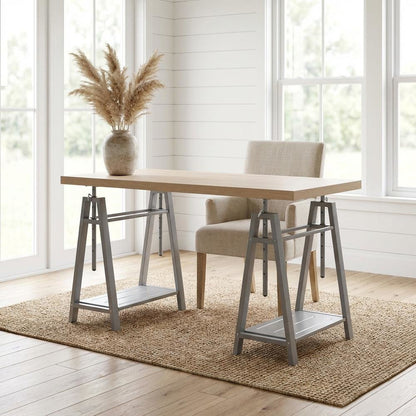 Adjustable Height Desk, Metal Base, Outdoor Finish, Cross Hatch Birch, Durable