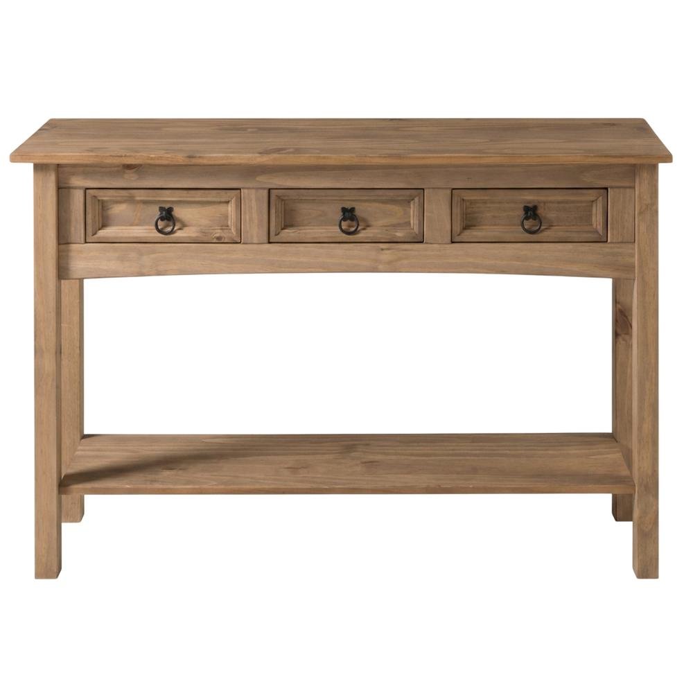 Brown wood hall table with three drawers and sleek design
