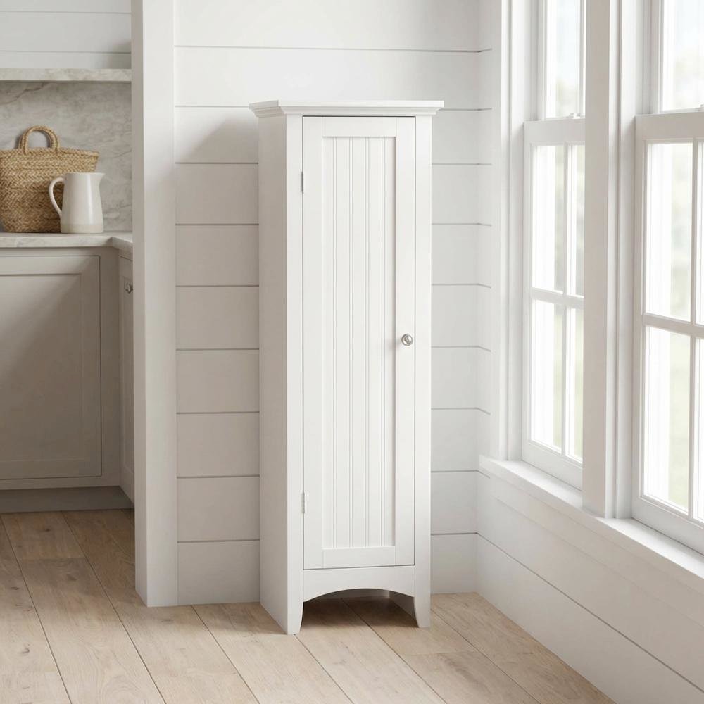 Metal and wood kitchen storage pantry with one door, space-saving design