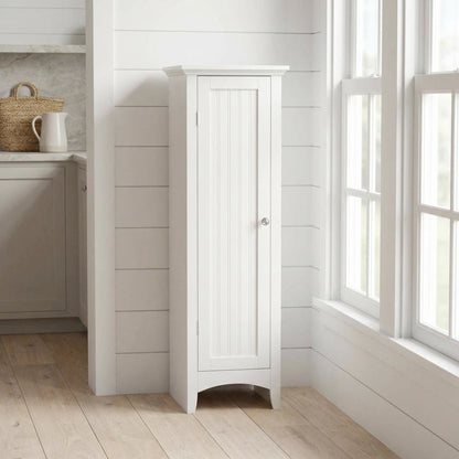 Metal and wood kitchen storage pantry with one door, space-saving design