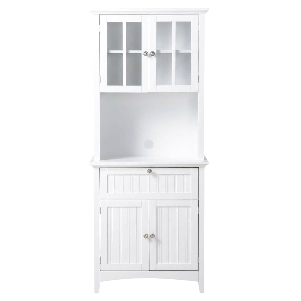 Metal and wood buffet with framed glass doors and drawer for stylish storage