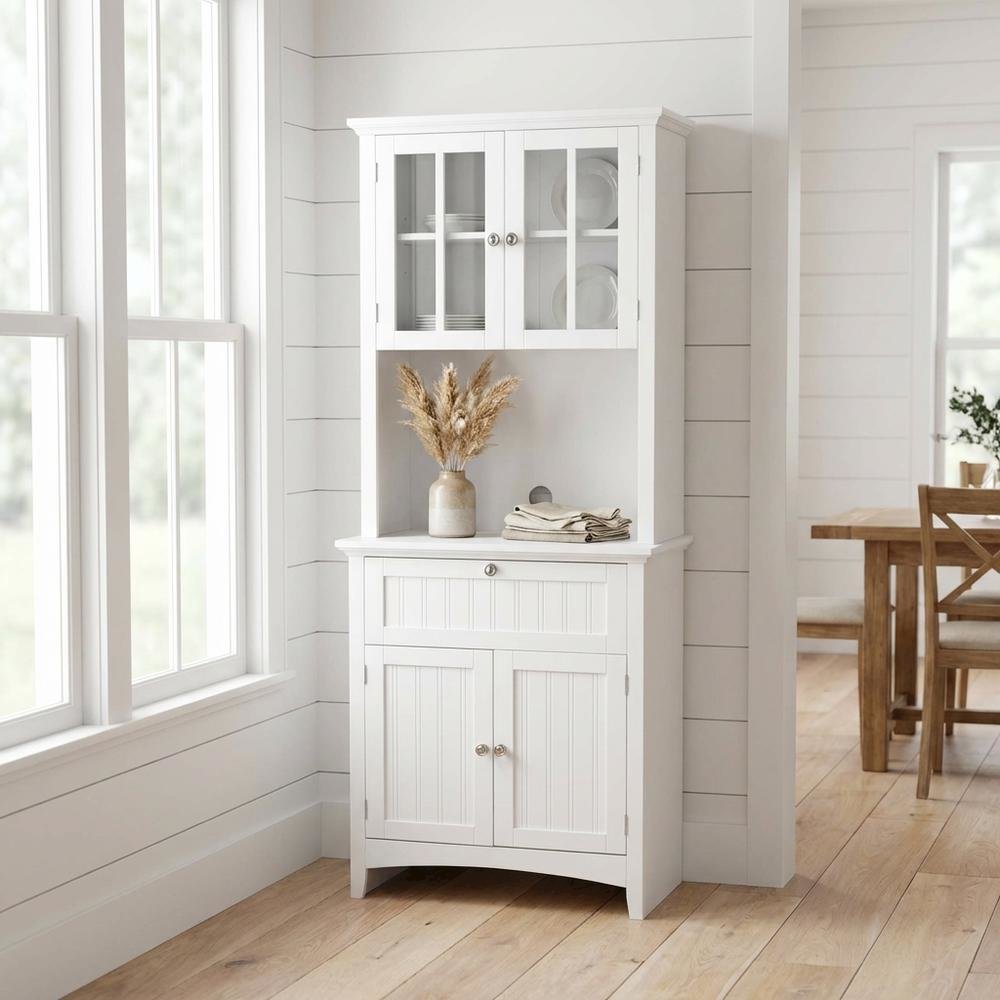 Metal and wood buffet with framed glass doors and drawer for stylish storage