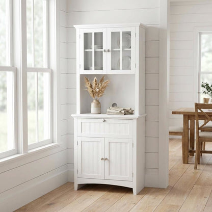 Metal and wood buffet with framed glass doors and drawer for stylish storage
