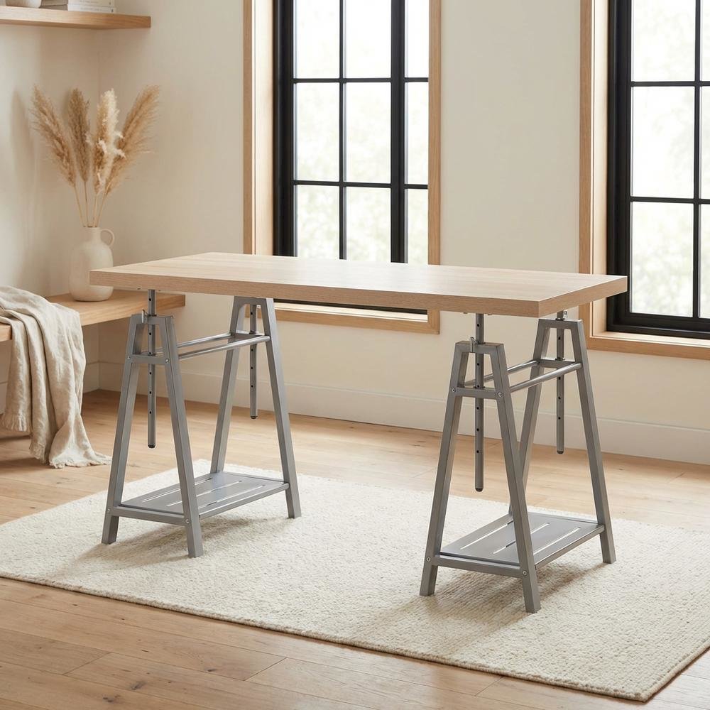 Adjustable Height Desk, Metal Base, Outdoor Finish, Cross Hatch Birch, Durable