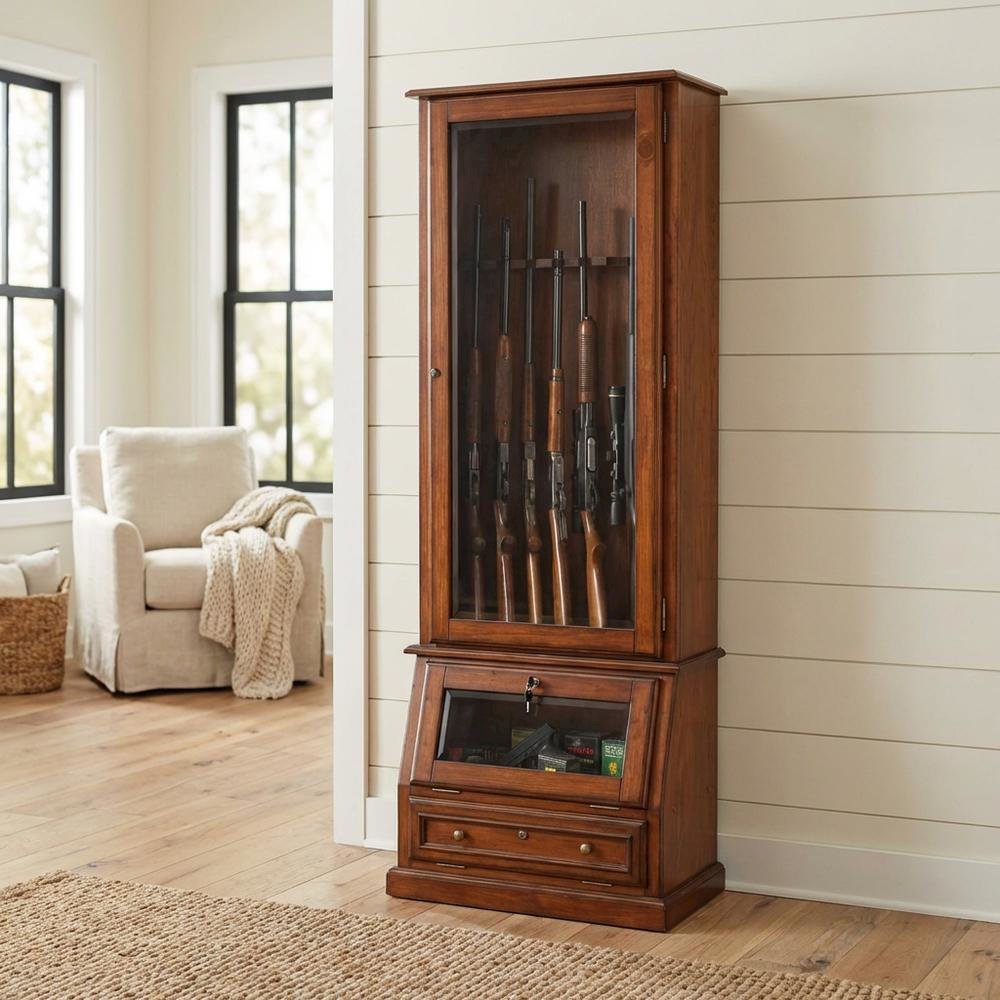 Wooden 12-Gun Storage Cabinet with Slanted Base for Secure Organization