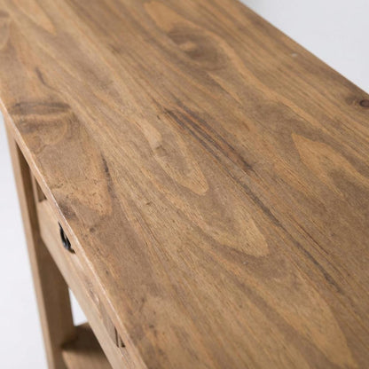 Brown wood hall table with three drawers and sleek design