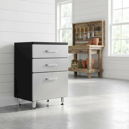Metal storage cabinet with three drawers for garage organization