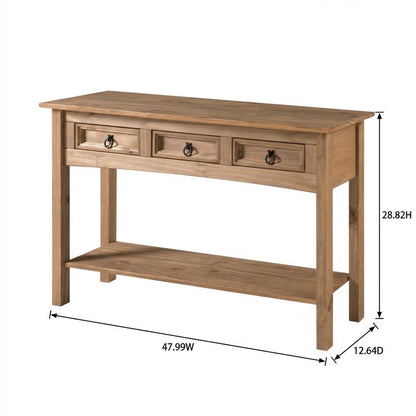 Brown wood hall table with three drawers and sleek design