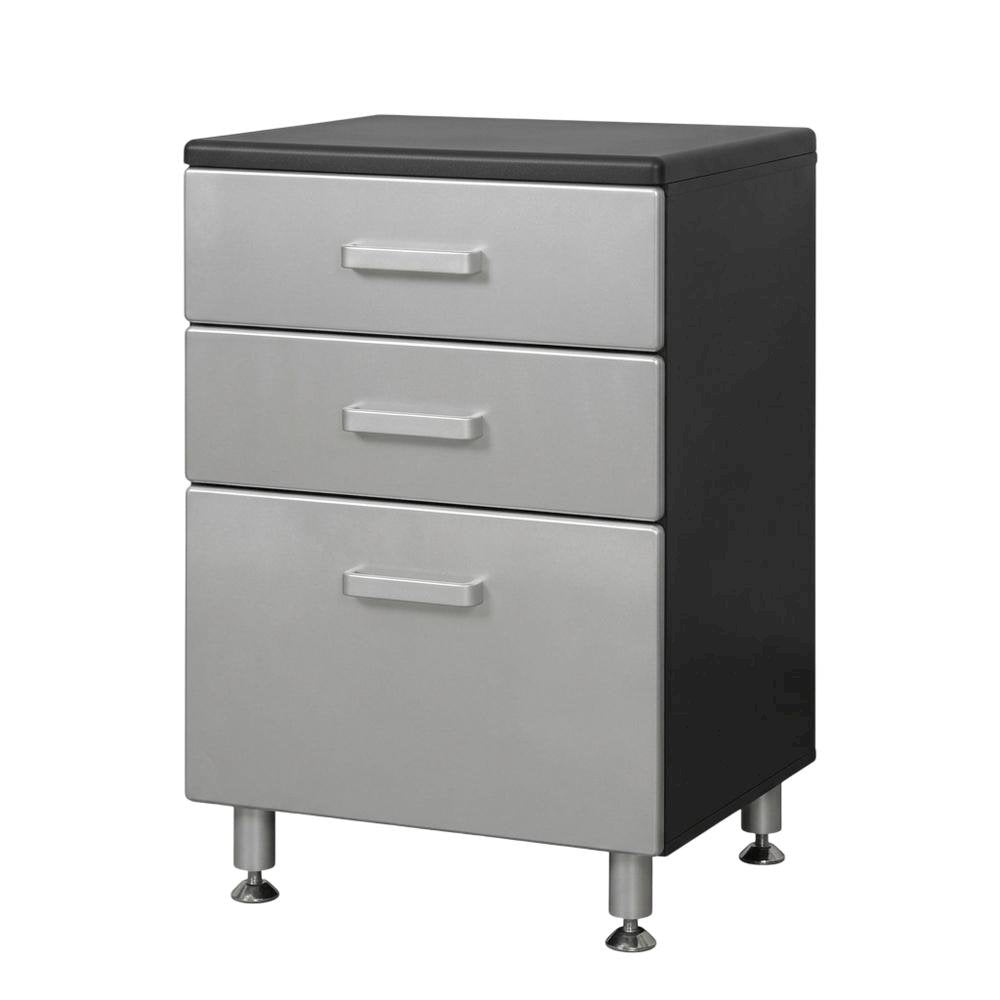 Metal storage cabinet with three drawers for garage organization