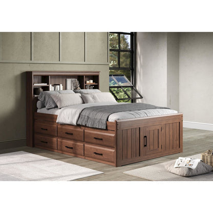 Solid Pine Full Captains Bookcase Bed with 6 drawers in Classic Walnut