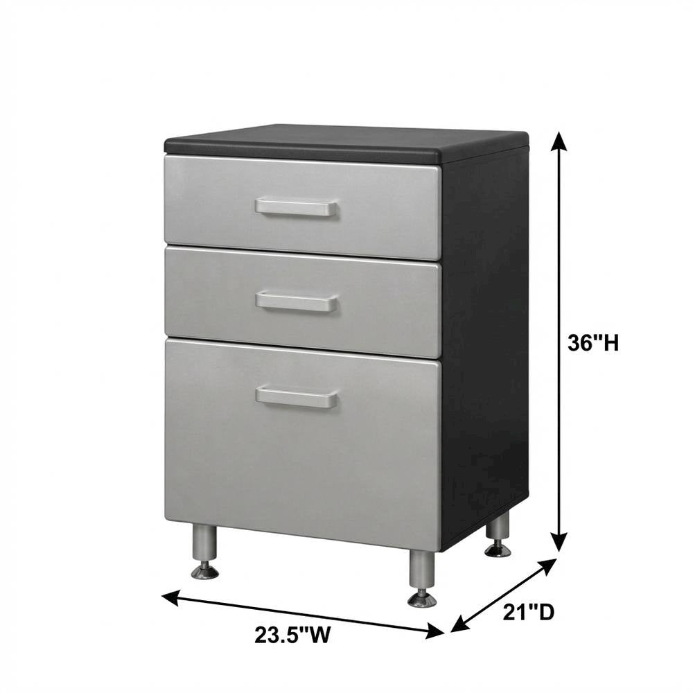 Metal storage cabinet with three drawers for garage organization