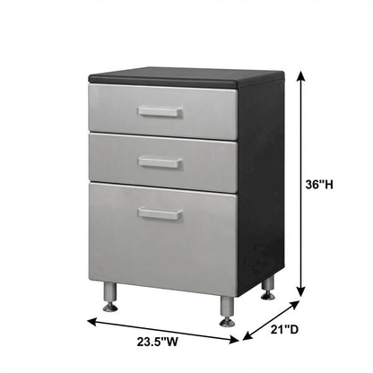 Metal storage cabinet with three drawers for garage organization