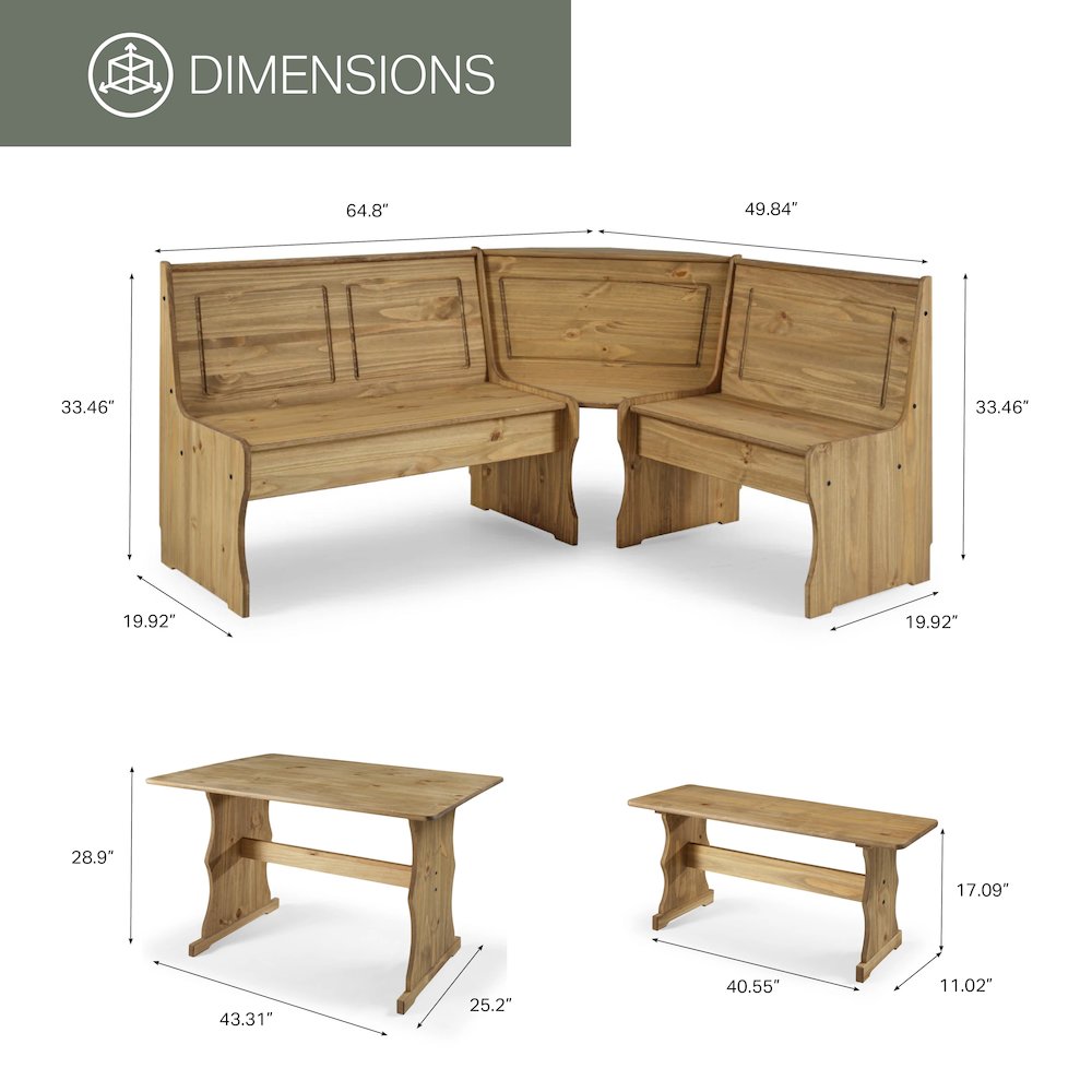 Solid Pine Corner Dining Booth in Corona Brown