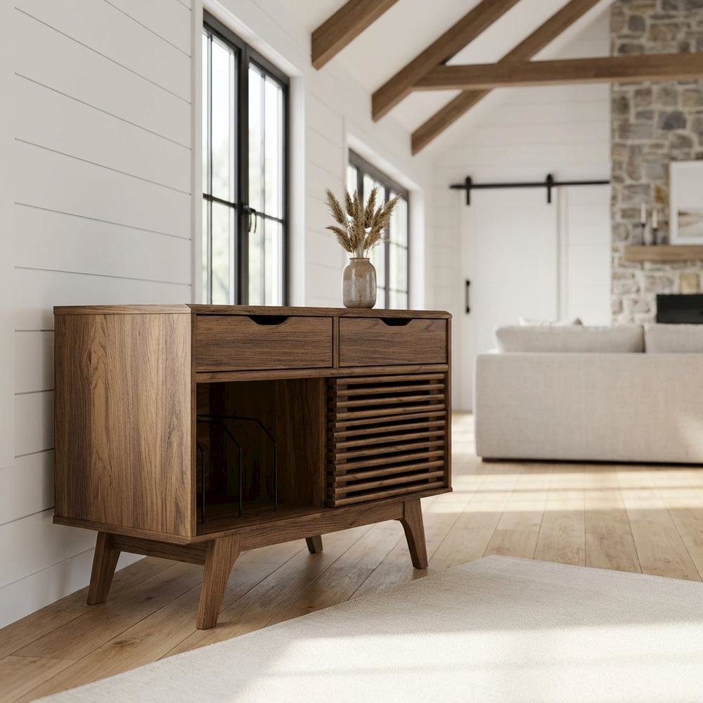 Stylish Vinyl Record Display Stand with Modern Coffee Table Design
