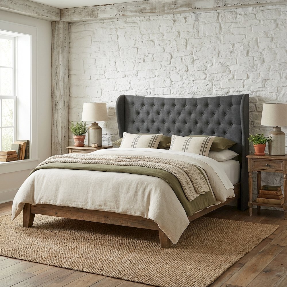 Dark Grey Fabric Queen Wingback Headboard, Button-Tufted Design, Foam Padding