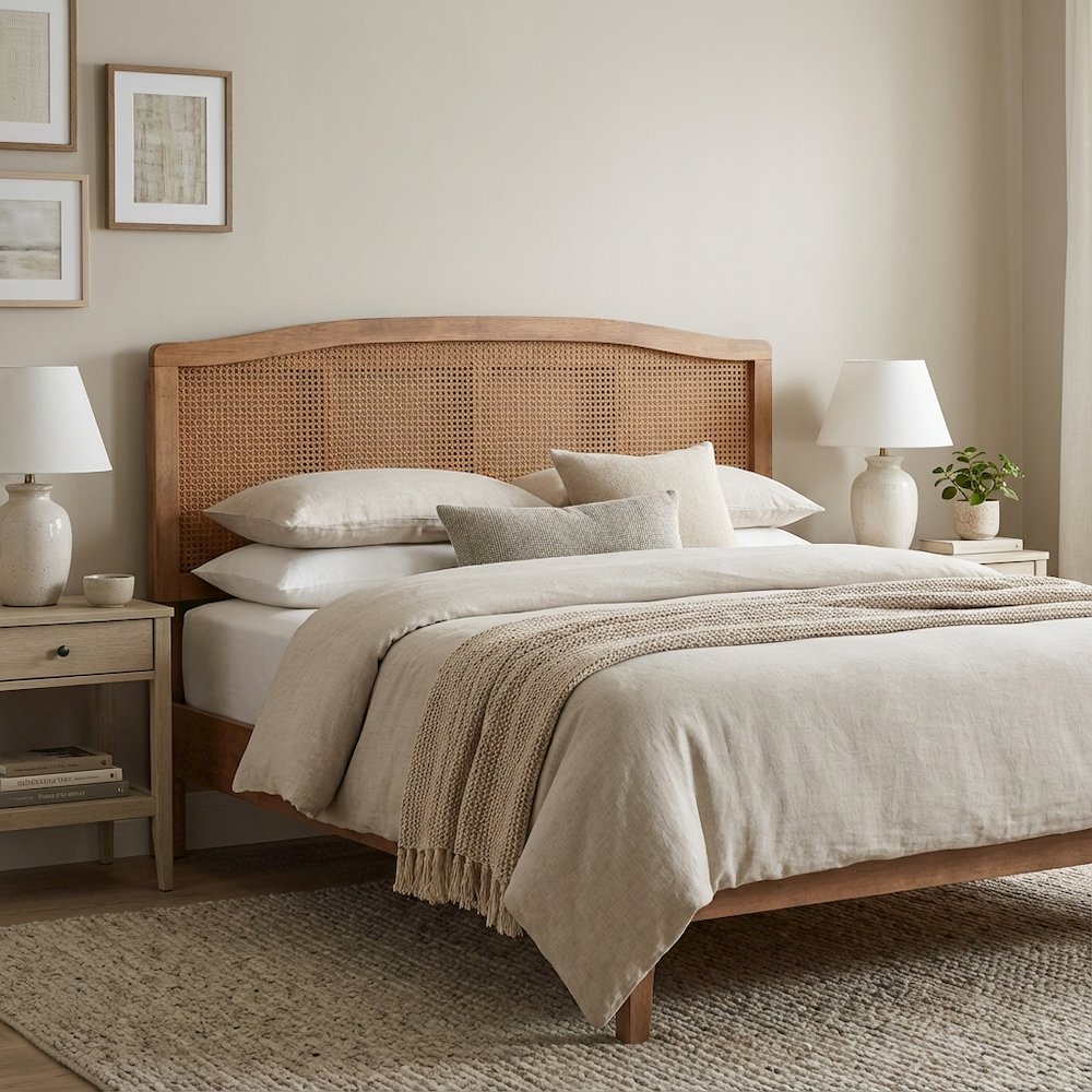 Brown Rubberwood Headboard Full Size, Synthetic Rattan Panel, Modern Design