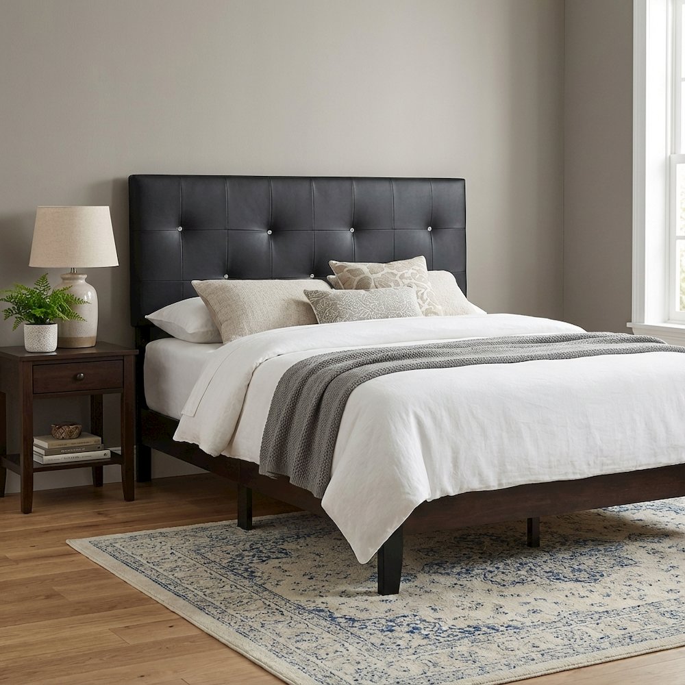 Full Black Faux Leather Headboard with PU Foam Padding and Wood Frame