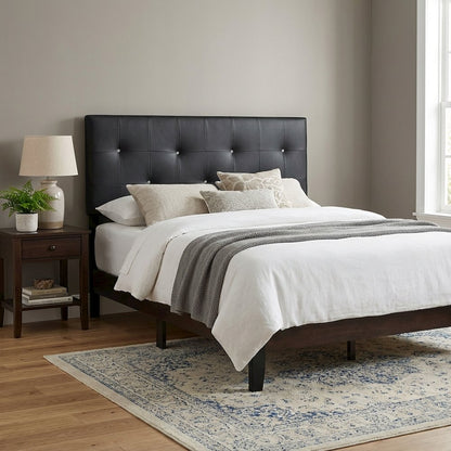 Full Black Faux Leather Headboard with PU Foam Padding and Wood Frame