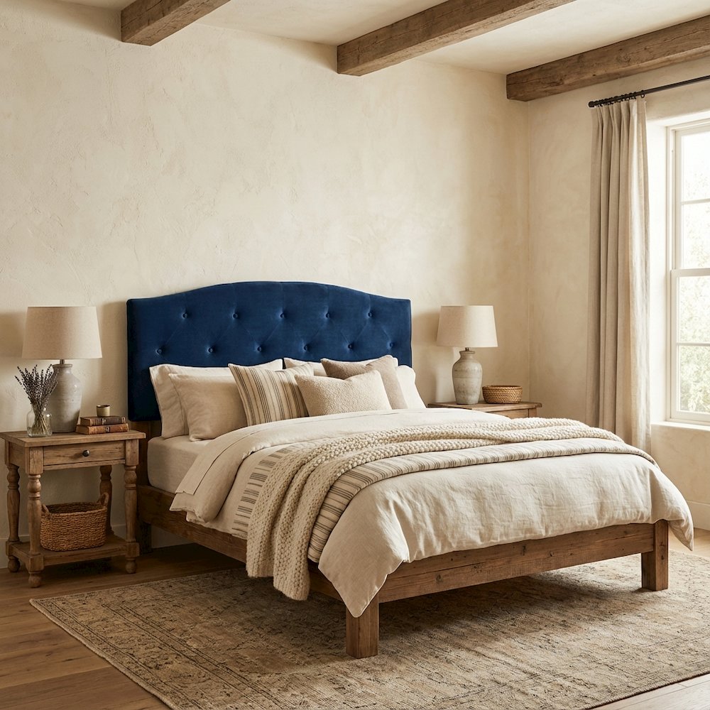 Navy Blue Velvet Upholstered Queen Headboard, Button Tufting, Foam Padding