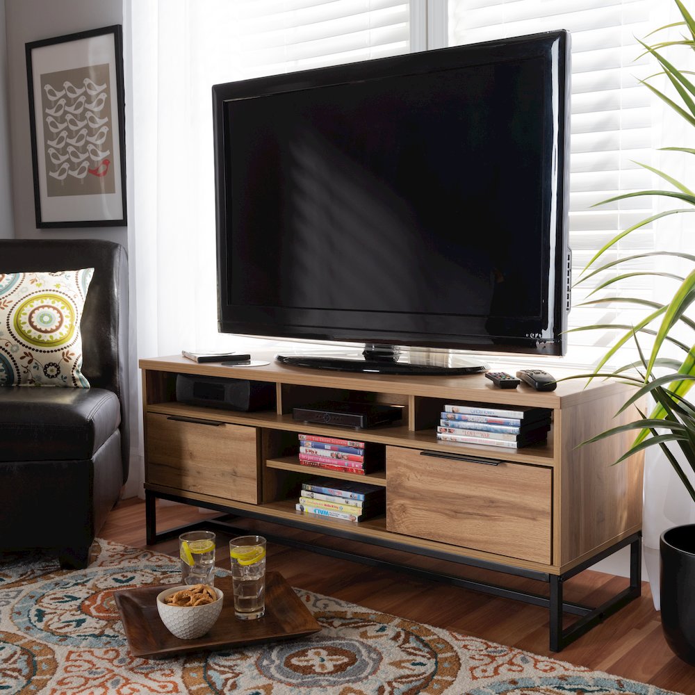 Contemporary Industrial Oak Finished Wood and Black Metal 2-Drawer TV Stand