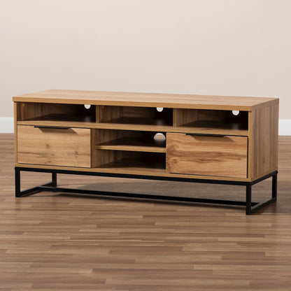 Contemporary Industrial Oak Finished Wood and Black Metal 2-Drawer TV Stand