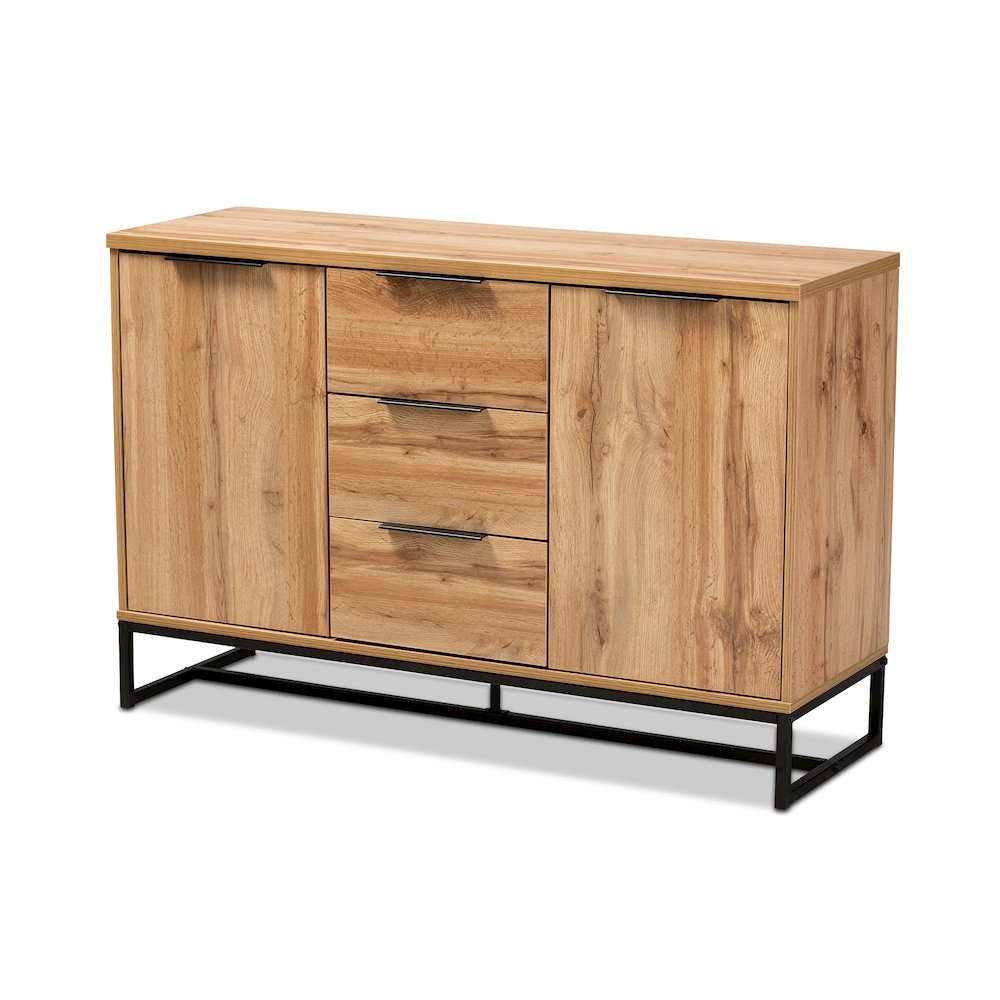 Industrial Oak Finished Wood and Black Metal 3-Drawer Sideboard Buffet