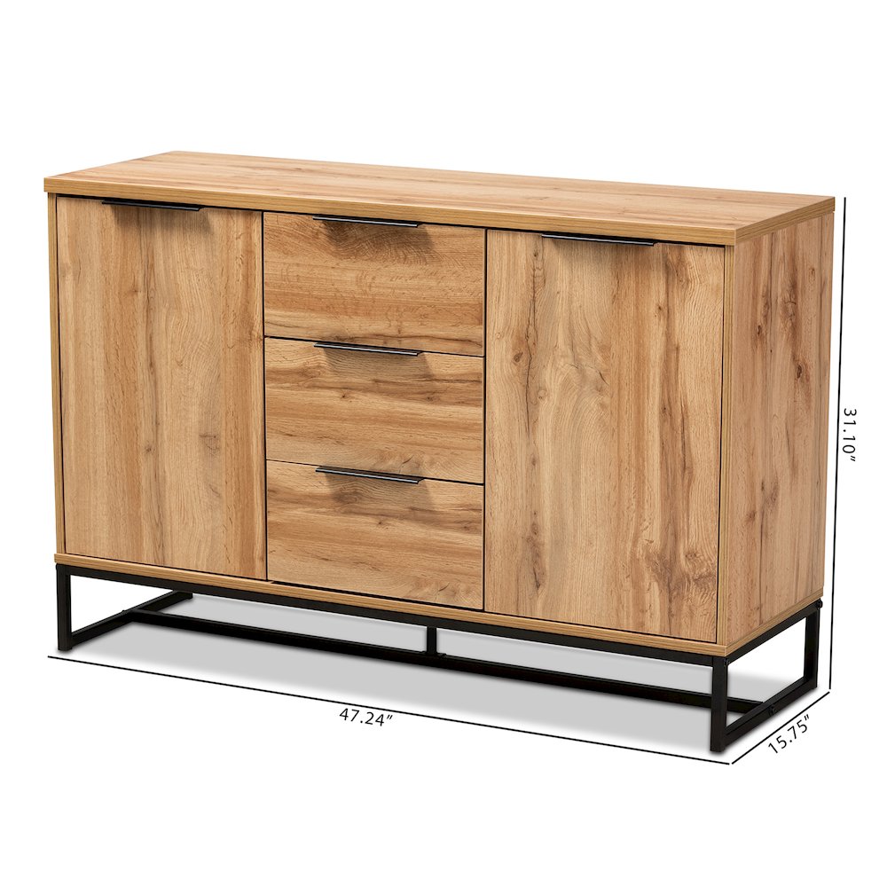 Industrial Oak Finished Wood and Black Metal 3-Drawer Sideboard Buffet