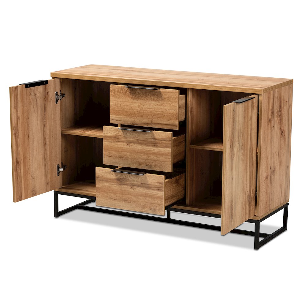 Industrial Oak Finished Wood and Black Metal 3-Drawer Sideboard Buffet