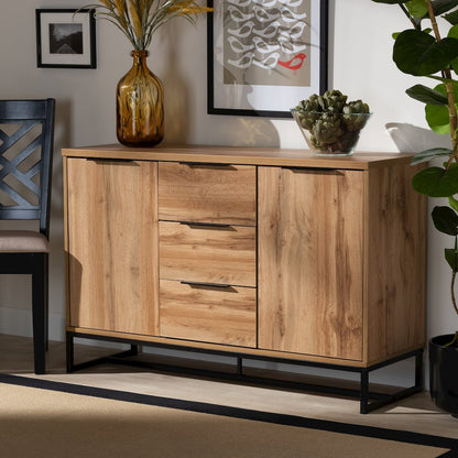 Industrial Oak Finished Wood and Black Metal 3-Drawer Sideboard Buffet