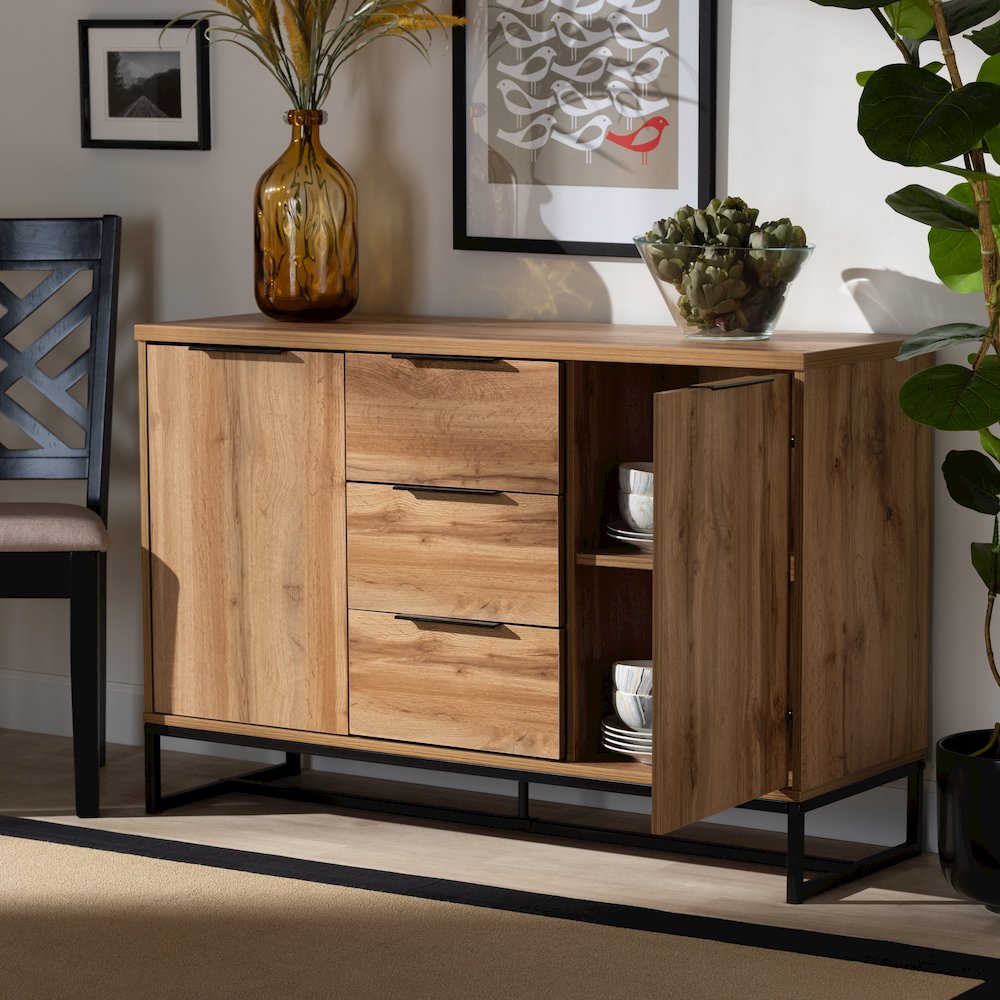Industrial Oak Finished Wood and Black Metal 3-Drawer Sideboard Buffet