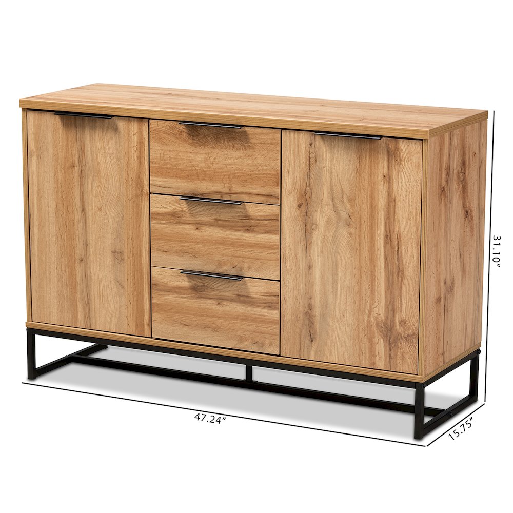 Industrial Oak Finished Wood and Black Metal 3-Drawer Sideboard Buffet
