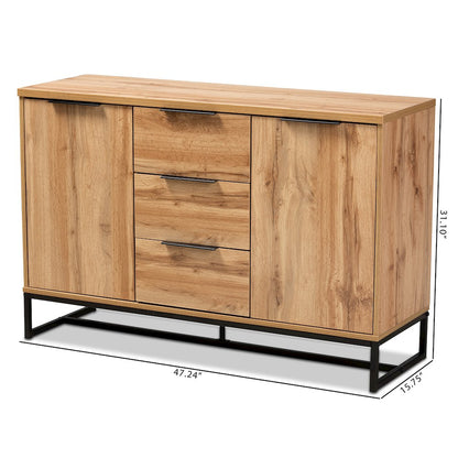 Industrial Oak Finished Wood and Black Metal 3-Drawer Sideboard Buffet