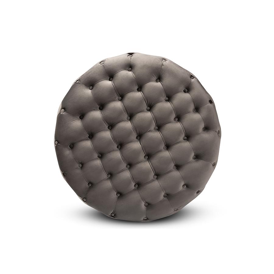 Baxton Studio Sasha Glam and Luxe Grey Velvet Fabric Upholstered Gold Finished Round Cocktail Ottoman