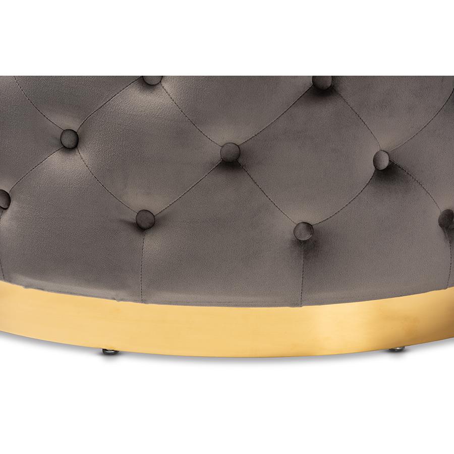 Baxton Studio Sasha Glam and Luxe Grey Velvet Fabric Upholstered Gold Finished Round Cocktail Ottoman