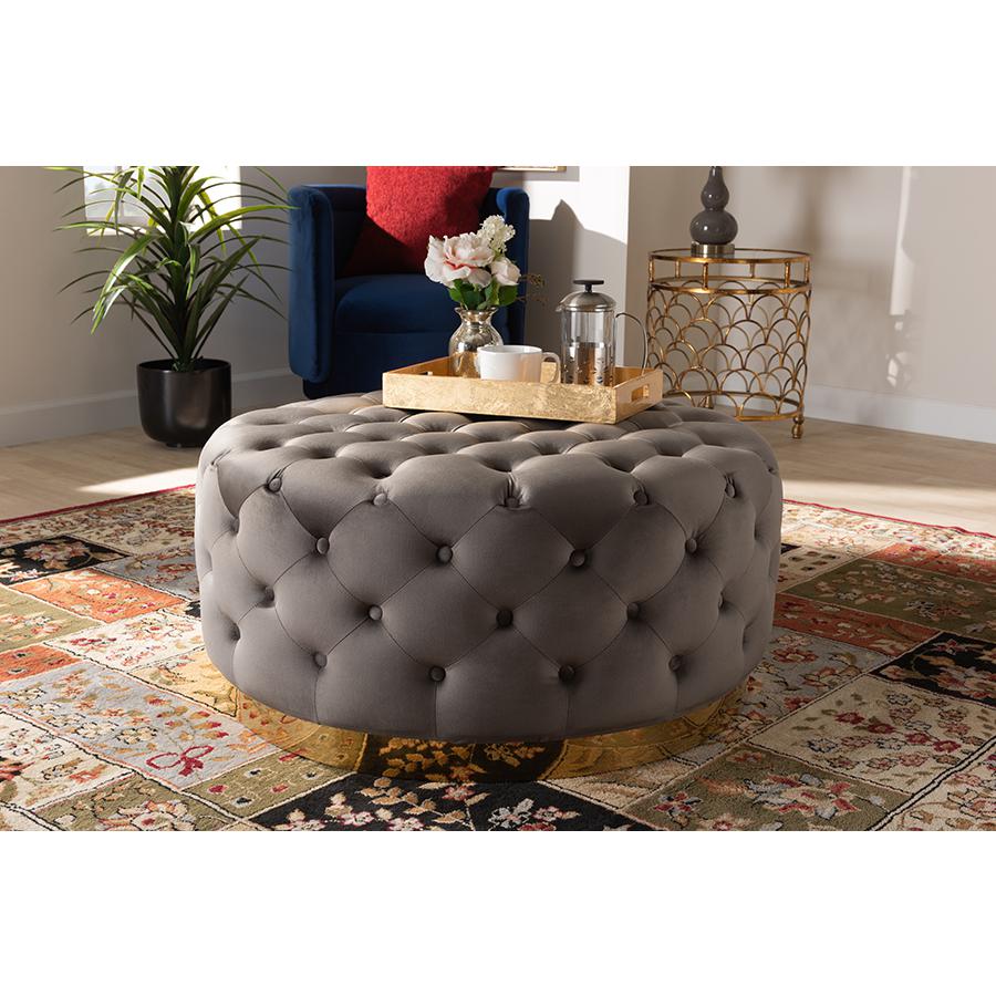 Baxton Studio Sasha Glam and Luxe Grey Velvet Fabric Upholstered Gold Finished Round Cocktail Ottoman