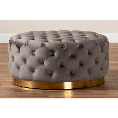 Baxton Studio Sasha Glam and Luxe Grey Velvet Fabric Upholstered Gold Finished Round Cocktail Ottoman