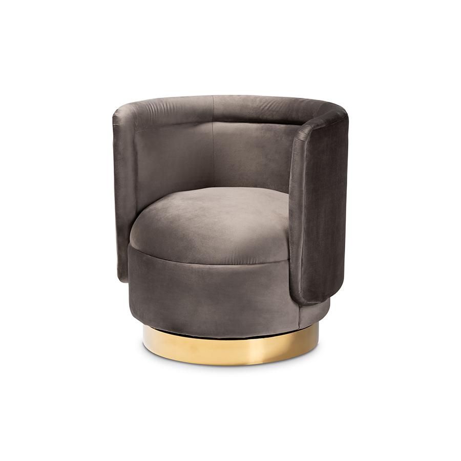 Glam Grey Velvet Accent Chair with Swivel Function and Gold Finish