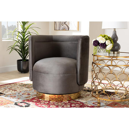 Glam Grey Velvet Accent Chair with Swivel Function and Gold Finish