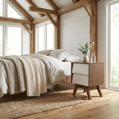 White Mid-Century Modern Nightstand with Walnut Finish and Storage