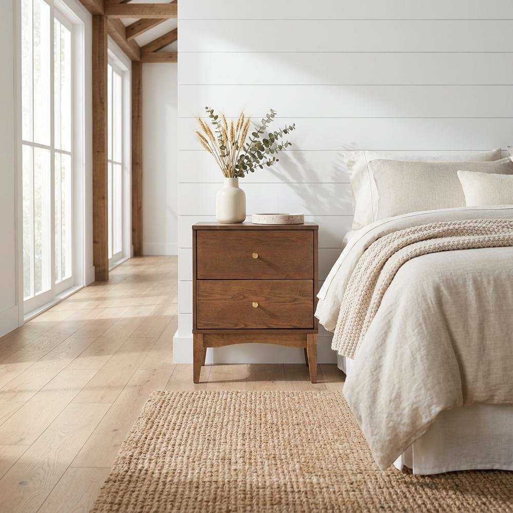 Mid-Century Modern Ash Walnut Finish Nightstand with 2 Drawers, Rubberwood Frame