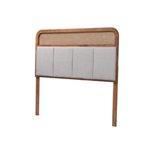 Light Grey Fabric King Size Headboard with Rubber Wood Frame and Rattan Accents