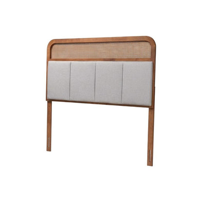 Light Grey Fabric King Size Headboard with Rubber Wood Frame and Rattan Accents