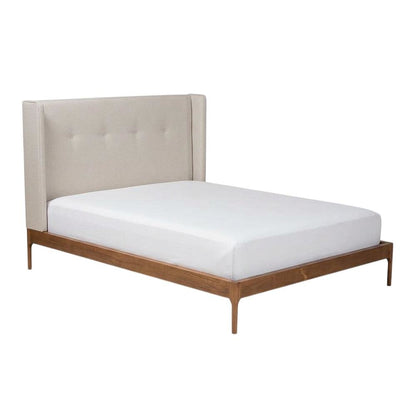 King Size Bed with Walnut Finish and Beige Fabric Upholstery, Mid-Century Style