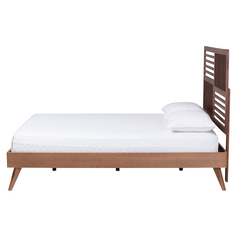 Mid-Century Modern Bed Frame with Slatted Wood Headboard and Angled Legs, King