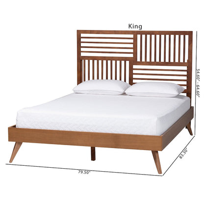 Mid-Century Modern Bed Frame with Slatted Wood Headboard and Angled Legs, King