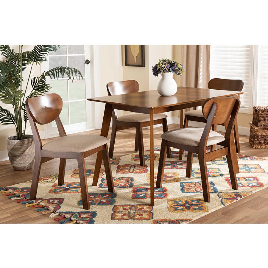 Sand Fabric Upholstered and Walnut Brown Finished Wood 5-Piece Dining Set