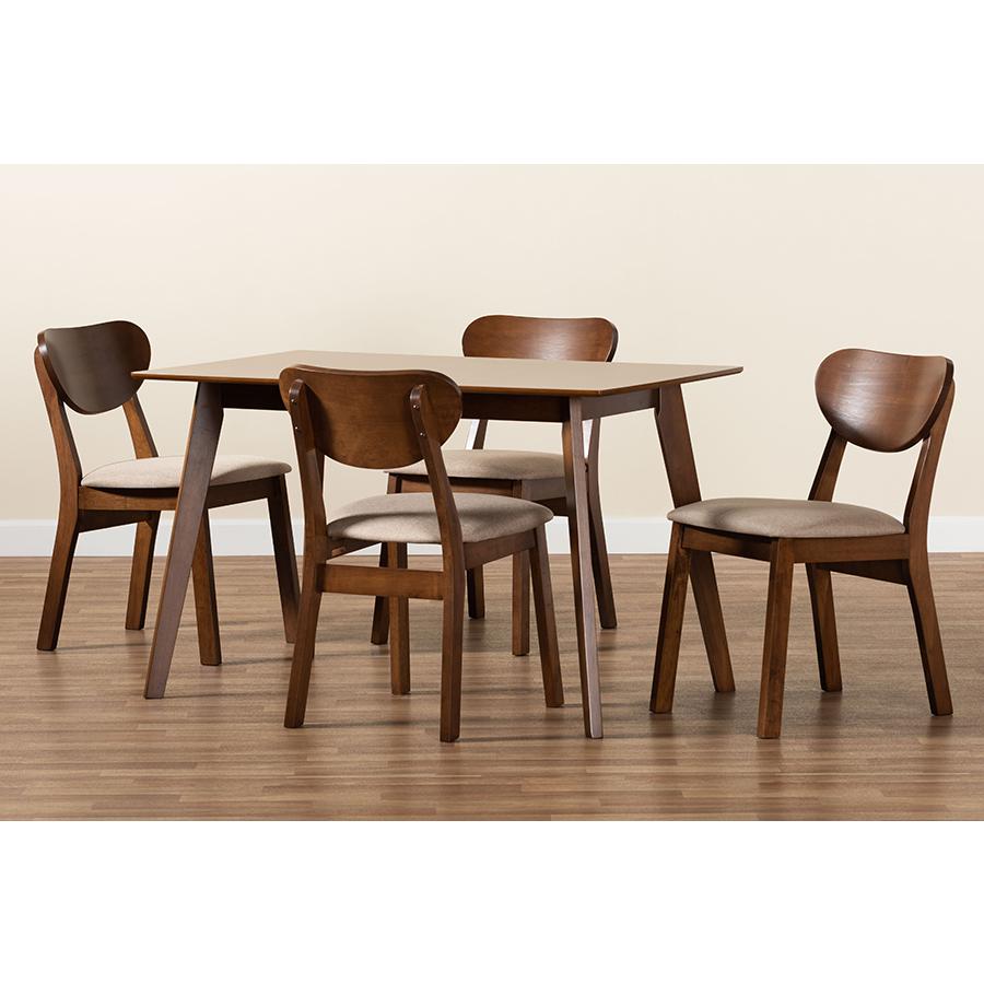 Sand Fabric Upholstered and Walnut Brown Finished Wood 5-Piece Dining Set