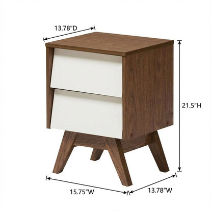 White Mid-Century Modern Nightstand with Walnut Finish and Storage