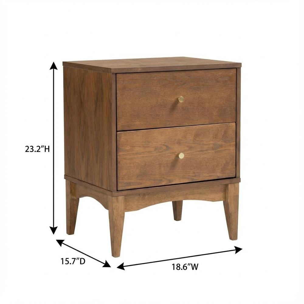 Mid-Century Modern Ash Walnut Finish Nightstand with 2 Drawers, Rubberwood Frame