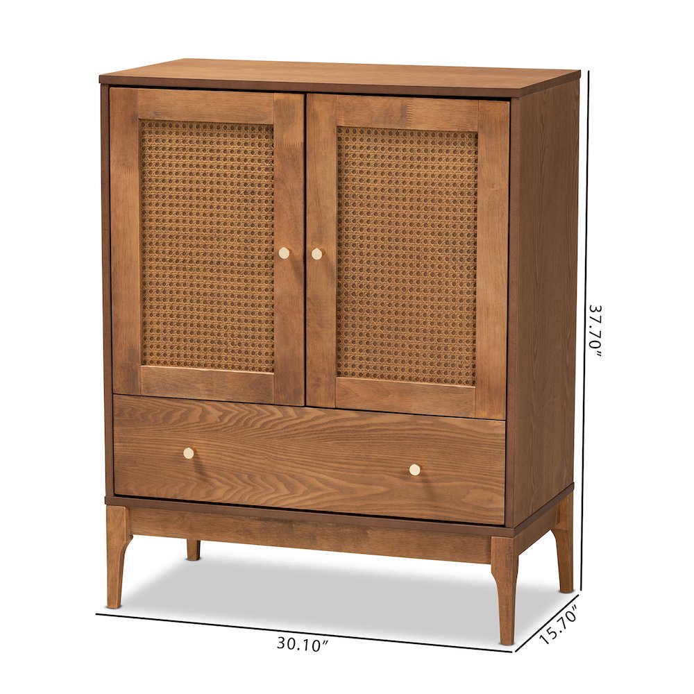 Ramiel Mid-Century Modern Ash Walnut Finished Wood and Rattan 1-Drawer Sideboard